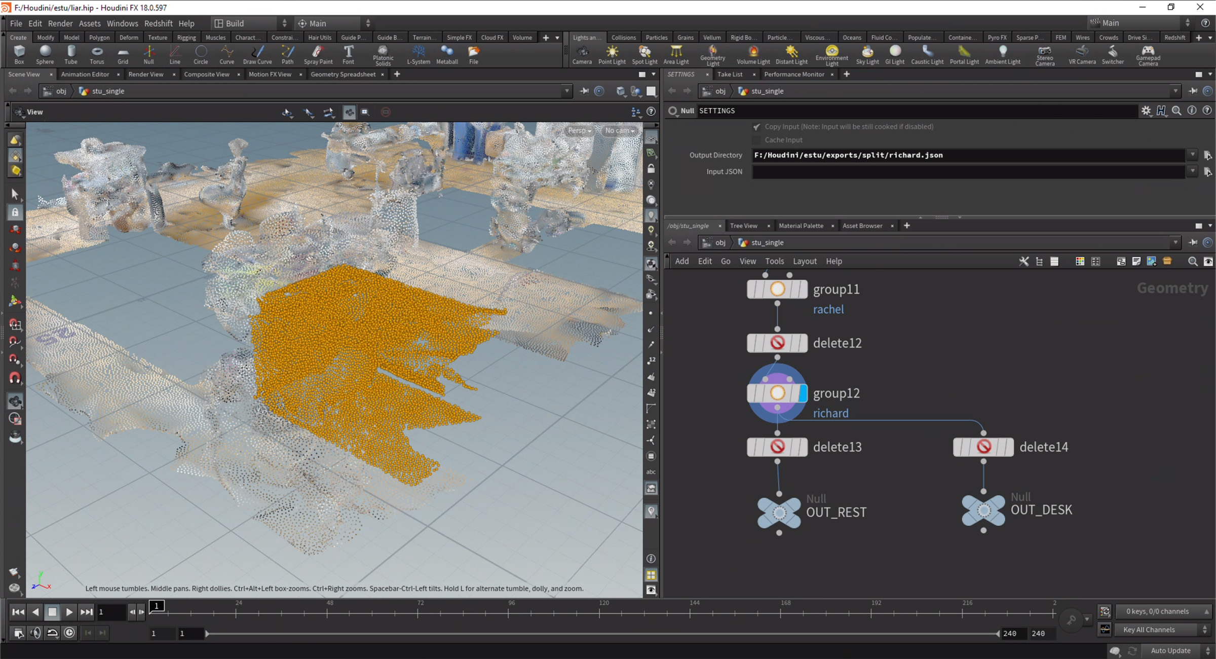 Splitting up individual desks into separate pieces in Houdini.